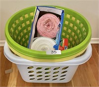 3 laundry baskets, tall kitchen trash bags