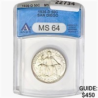 1936-D San Diego Half Dollar ANACS MS64