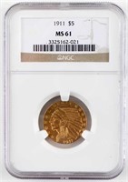 1911 $5 GOLD INDIAN HEAD GRADED MS61 BY NGC
