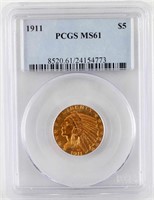 1911 $5 GOLD INDIAN HEAD GRADED MS61 BY PCGS