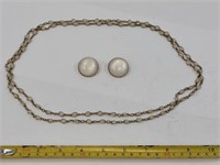 Necklace & Clip On Earrings White Faux Moonstone