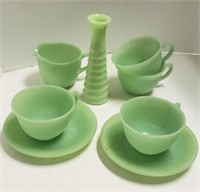 Jadeite Teacups, Saucers, Creamer, and Candle