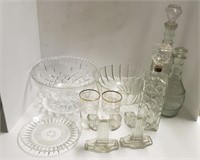 Lot w/ Glass Decanters, bowls, cups, plate, and