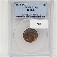 PCGS 1938-D/D MS65 Buffalo Nickel 5 Cents
