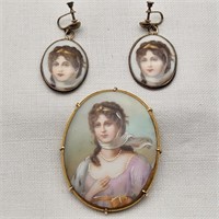 Painted Porcelain Brooch & Earrings