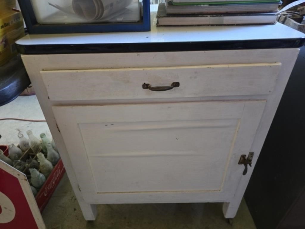 Metal top wood white cabinet