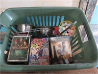 LG. QTY OF DVD'S & LAUNDRY BASKET & DOG DISH