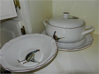 Covered Pheasant Dish w/ Handles, Bowl, & Platter
