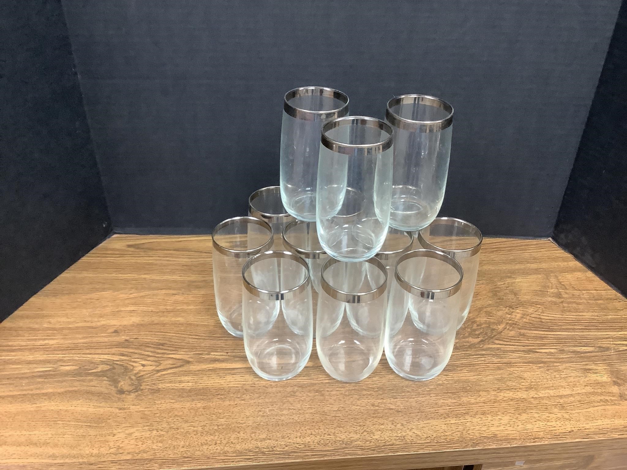 13- VINTAGE SILVER RIM DRINKING GLASSES