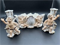 Vtg. Cherub Candlesticks & Candy Dish