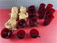 17X RUBY GLASS TEACUPS W/ 7X WATER GLASSES VINTAGE