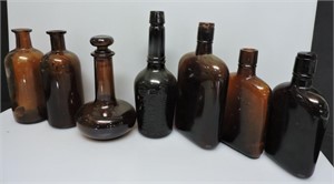 VINTAGE AMBER GLASS APOTHECARY BOTTLES 7"-9"T