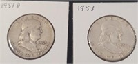 2 FRANKLIN HALF DOLLARS 1953, 1953 D