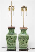 Chinese Porcelain Lamps, Pierced Pair in Green