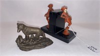 PAIR COWGIRL BOOKENDS & SIGNED BRONZE WOLF