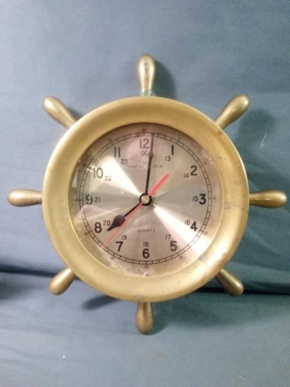 Vintage Brass Ships Wheel Clock Measures 11"