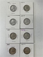 8 different Date Washington Silver Quarters