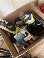 Large box with sporting goods, trail, feed plus