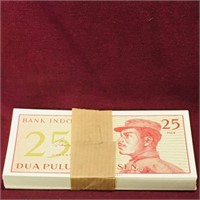 1964 Stack Of Indonesia 25 Lima Banknote Bills