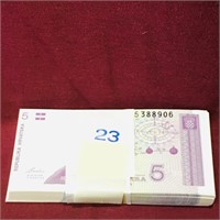 1991 Stack Of Croatia 5 Dinair Banknote Bills