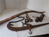 Antique Scale, 5 Meat Hooks, 1 Mowing Siegh