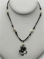 Sterling Silver CFJ Leather & Pearl Necklace