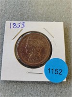 1853 Large cent.  Buyer must confirm all currency