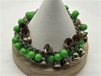 Vtg Silver Tone Green Acrylic Bead Charm Bracelet