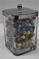 Assorted Marbles in Lidded Glass Jar