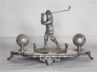 Antique silver plate golfer twin inkwell