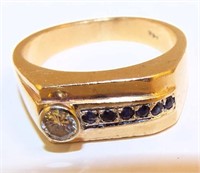14k Gold Men's Ring With Diamond & Sapphires