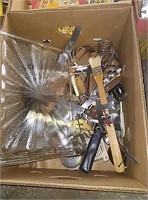 Box of utensils and a glass tray