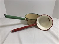 Enamelware 4 cup pot, and a ladle/scoop. White