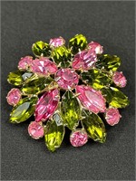 Vintage Domed Pink and Green Rhinestone Brooch