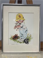 Vintage Child with Bunny Rabbits Framed Print