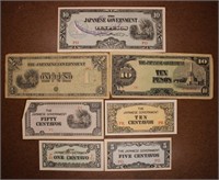 Lot of 7 WWII Japanese Invasion Currency