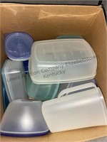 Box of plastic storage containers food, some
