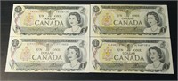4 Individual 1973 Bank of Canada $1 Notes