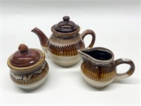 Brown Drip Tea Set - Teapot, Sugar Bowl, Creamer