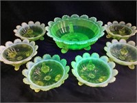 Vaseline/Uranium Glass w/ Opalescent Berry Bowl