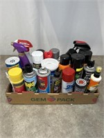 Assortment of household cleaners, bug sprays, and