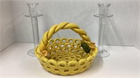 Hand built pottery basket in yellow glaze,