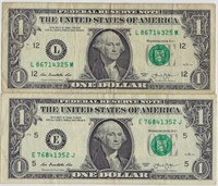 $1 Bills Set of 2 Unique Serial Numbers 2013! AF1