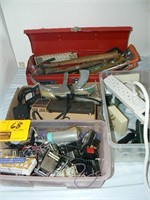 GROUP WITH RED TOOLBOX, HAND TOOLS, BATTERY