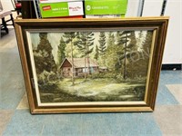 Painting of log cabin on canvas