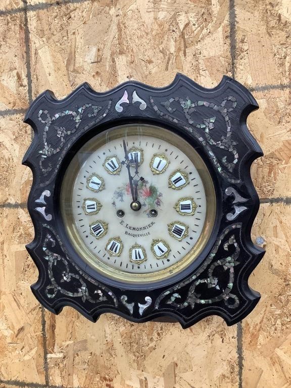Ornate E. Lemonnier Wall Clock, Wood Frame w/