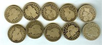 1892-1915 Barber 25c Nice Good 10pc Lot