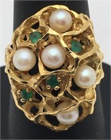 18k Gold, Pearl & Emerald Ring