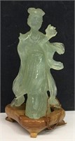 Oriental Jade Figurine On Wooden Base