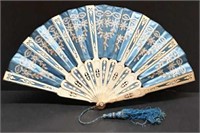 Silk Hand Fan With Carved Frame Sterling And MOP
